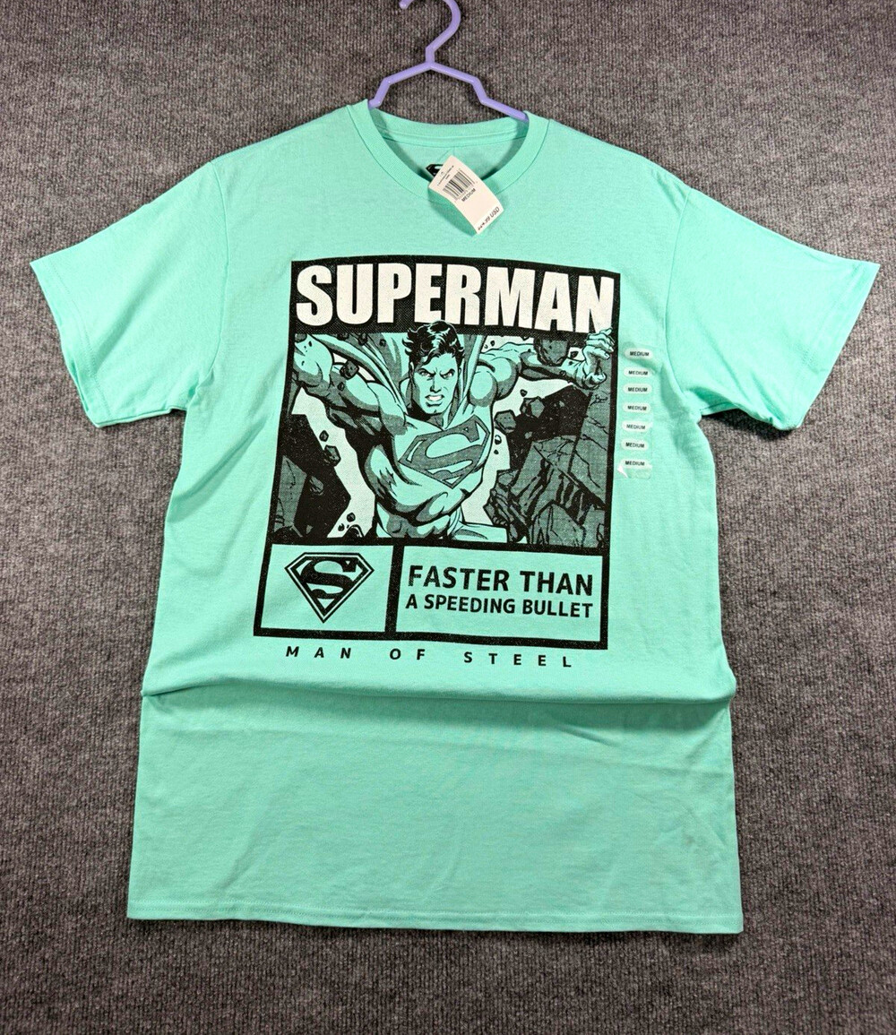 Mad Engine Superman Man of Steel Graphic Logo Tee Green Men's M Crew Neck SS